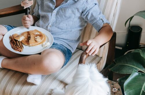 a boy playing with his dog while eating breakfast