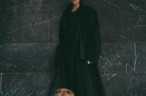 fashionable woman with chow chow dog in stylish setting